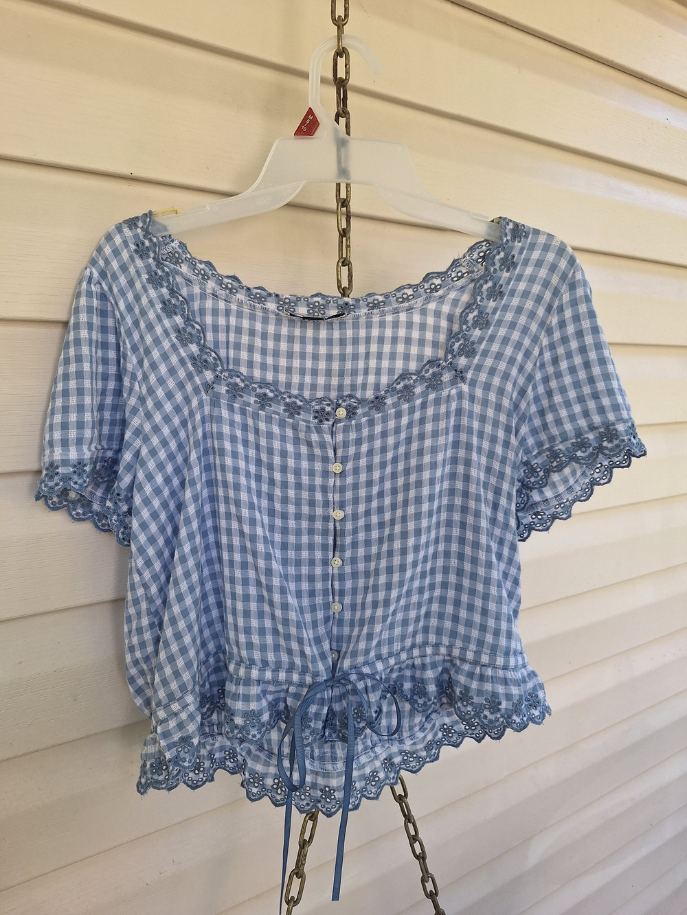 100% Cotton American Eagle Blue Gingham Lace-Trim Crop Top